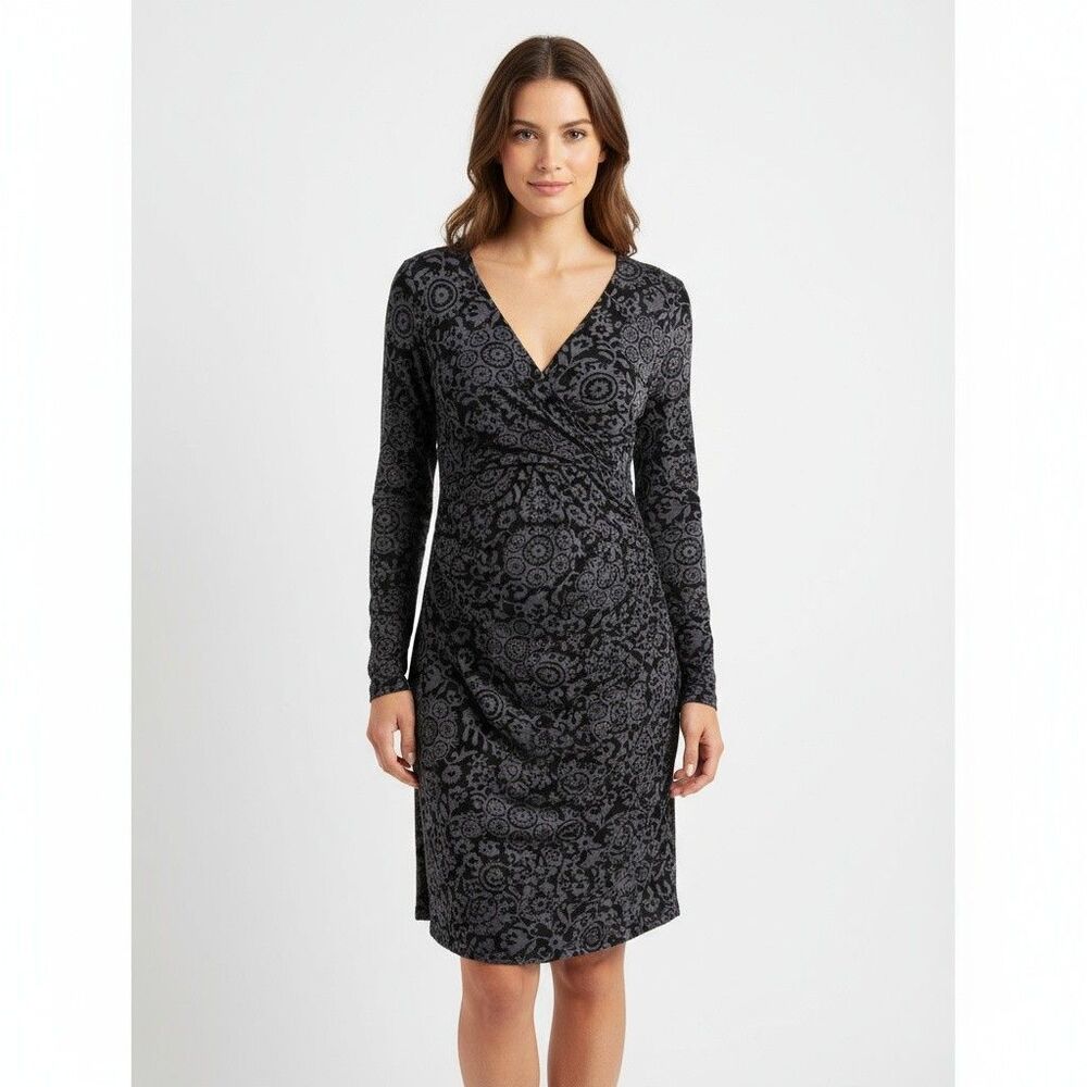 Maternity Dress Womens Medium Black Grey Long Sleeve Floral Winter Party